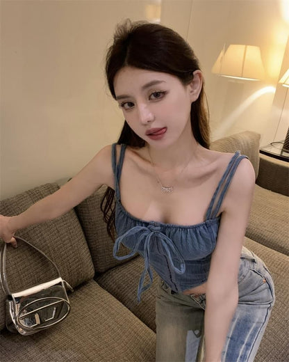 Plain Tie Front Hook And Eye Cami Top