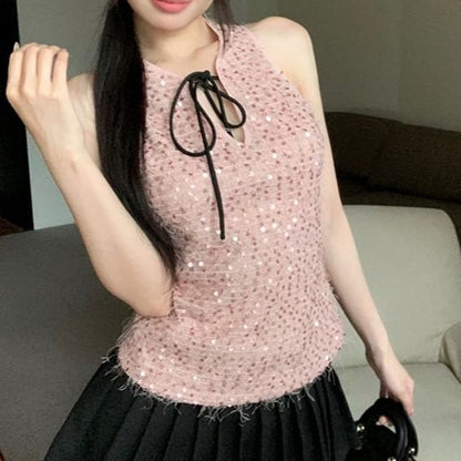 Sleeveless Tie Neck Sequin Top