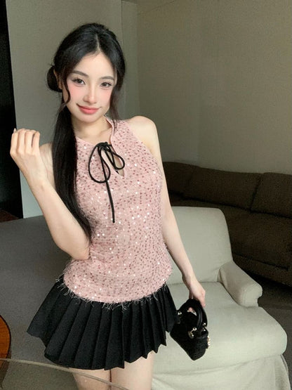 Sleeveless Tie Neck Sequin Top