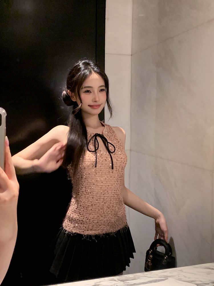 Sleeveless Tie Neck Sequin Top