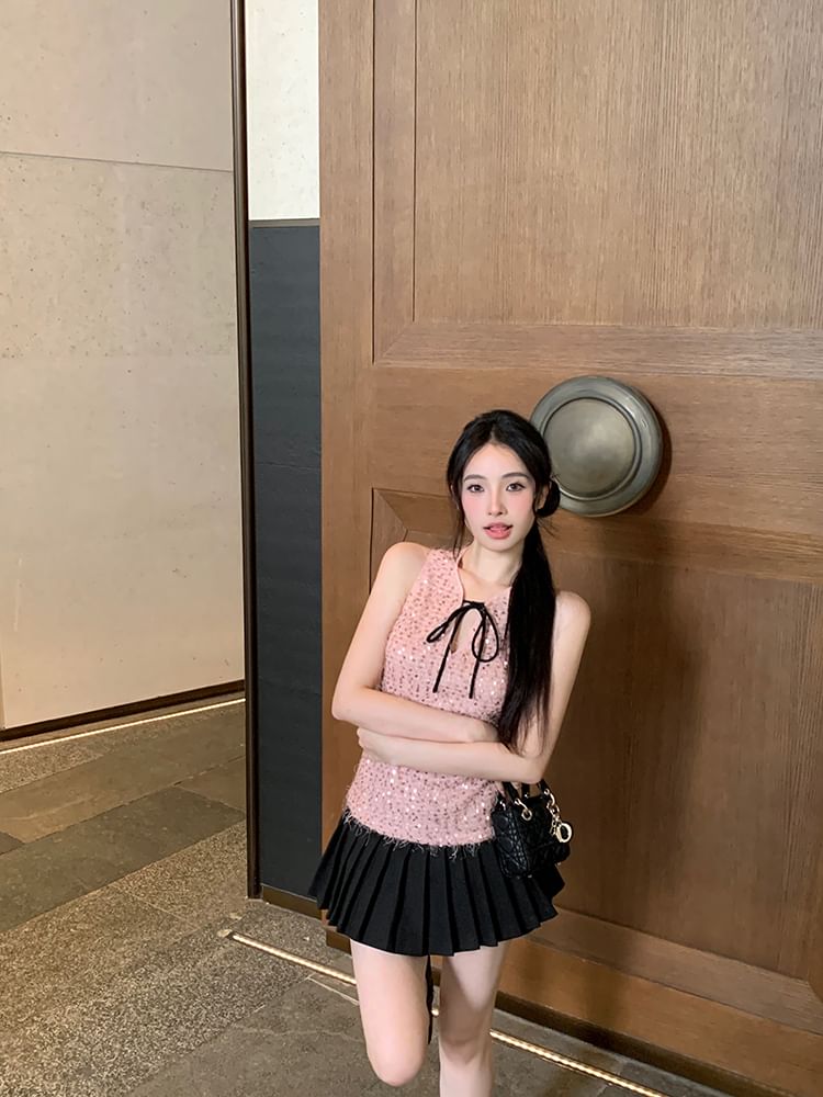 Sleeveless Tie Neck Sequin Top