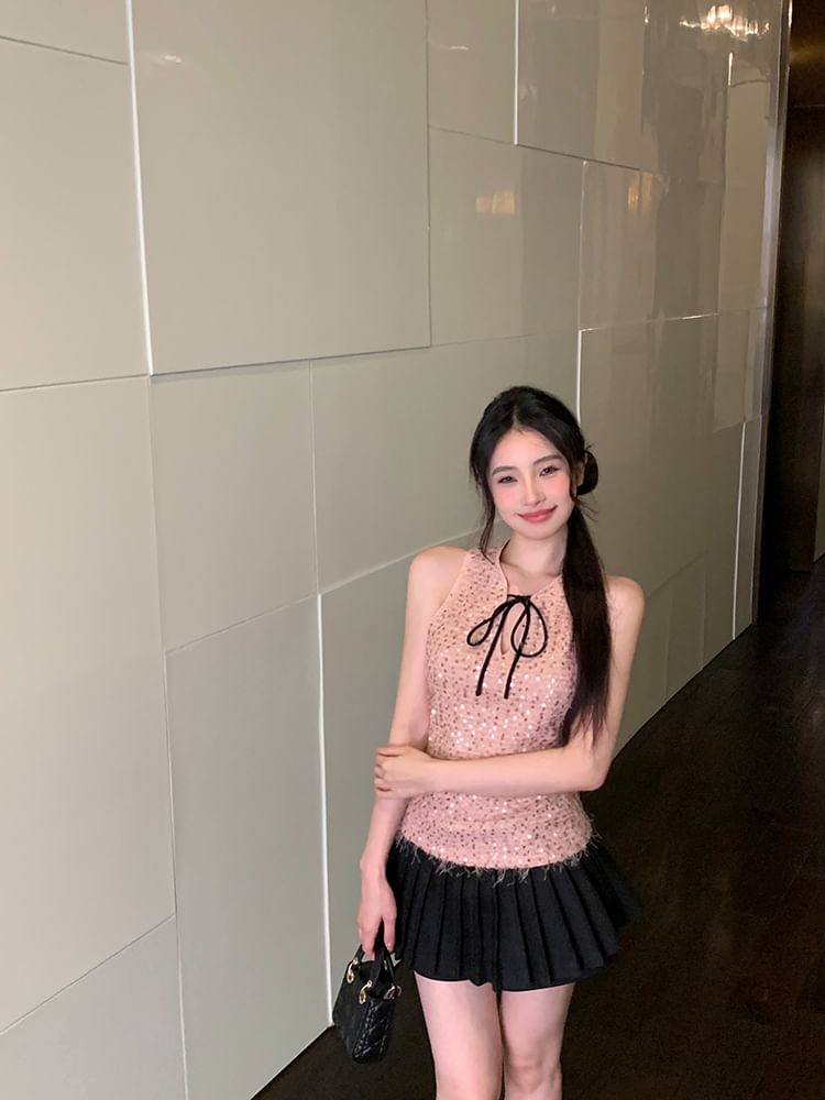 Sleeveless Tie Neck Sequin Top