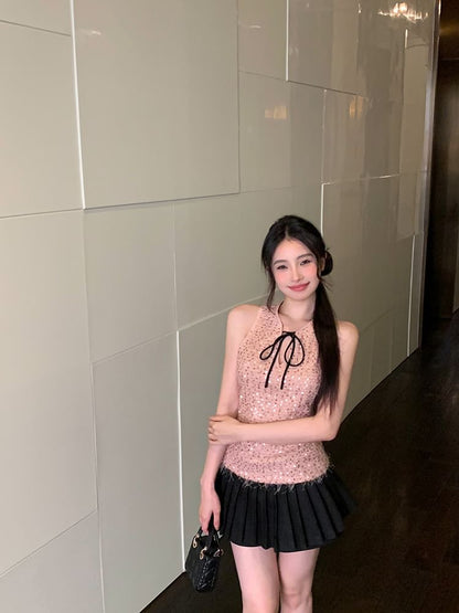 Sleeveless Tie Neck Sequin Top