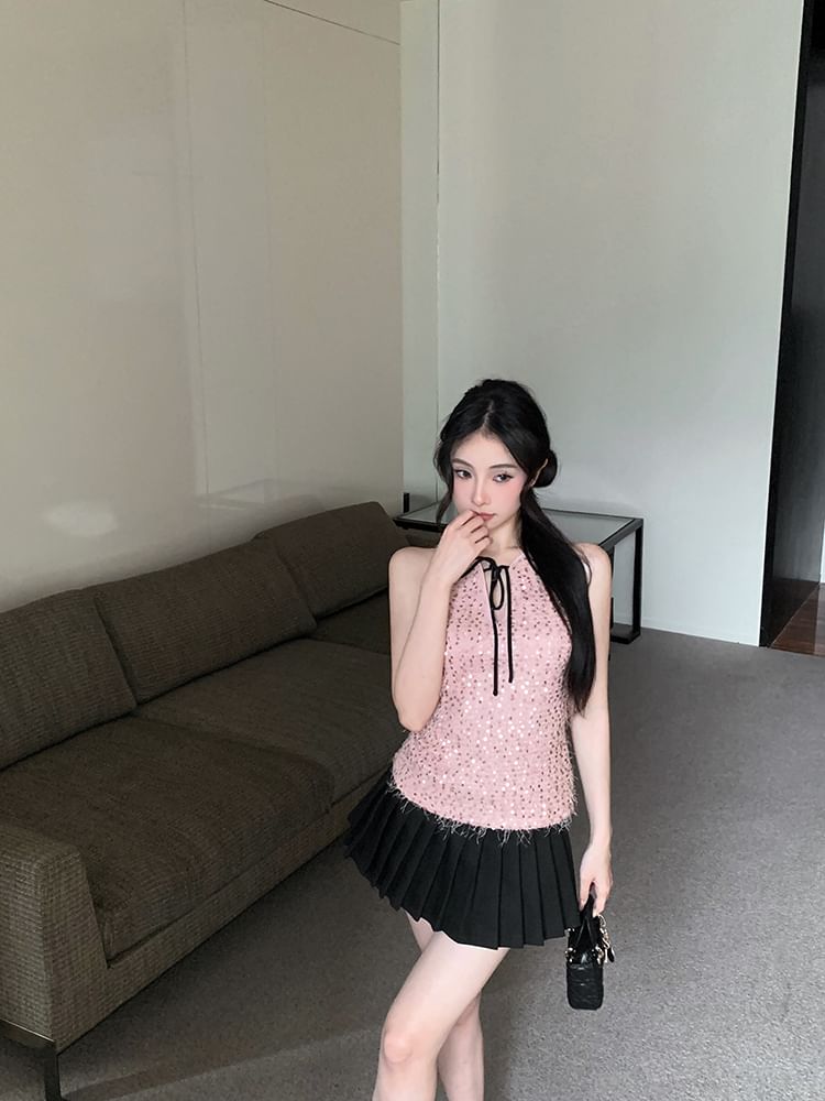 Sleeveless Tie Neck Sequin Top