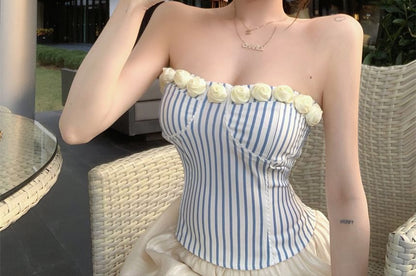 Striped Floral Detail Tube Top