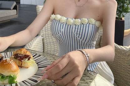 Striped Floral Detail Tube Top