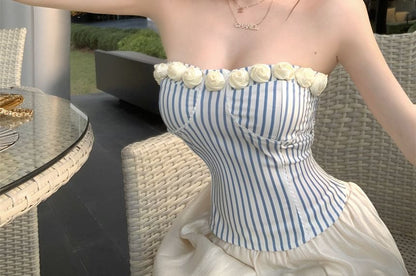 Striped Floral Detail Tube Top