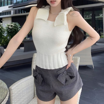 Plain Bow Knit Camisole Top / High Waist Plaid Shorts