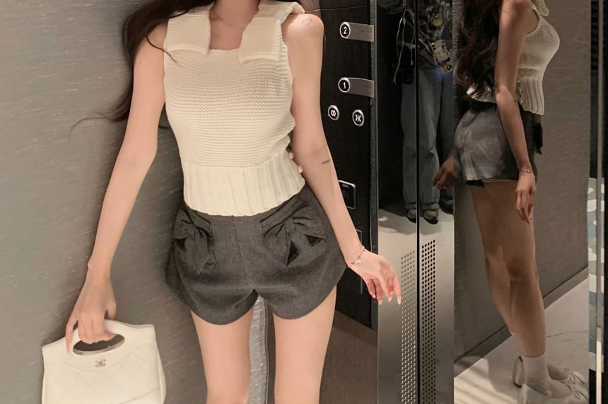 Plain Bow Knit Camisole Top / High Waist Plaid Shorts