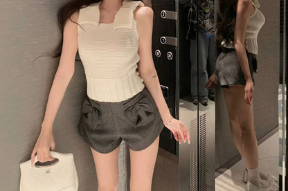 Plain Bow Knit Camisole Top / High Waist Plaid Shorts
