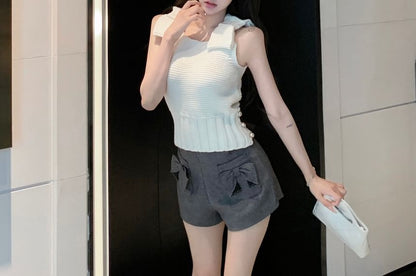 Plain Bow Knit Camisole Top / High Waist Plaid Shorts
