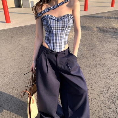 Plaid Frill Tube Bustier Top / Mid Rise Plain Wide Leg Suit Pants