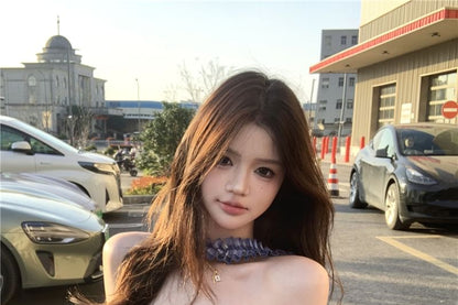 Plaid Frill Tube Bustier Top / Mid Rise Plain Wide Leg Suit Pants