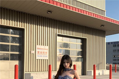 Plaid Frill Tube Bustier Top / Mid Rise Plain Wide Leg Suit Pants