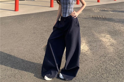 Plaid Frill Tube Bustier Top / Mid Rise Plain Wide Leg Suit Pants