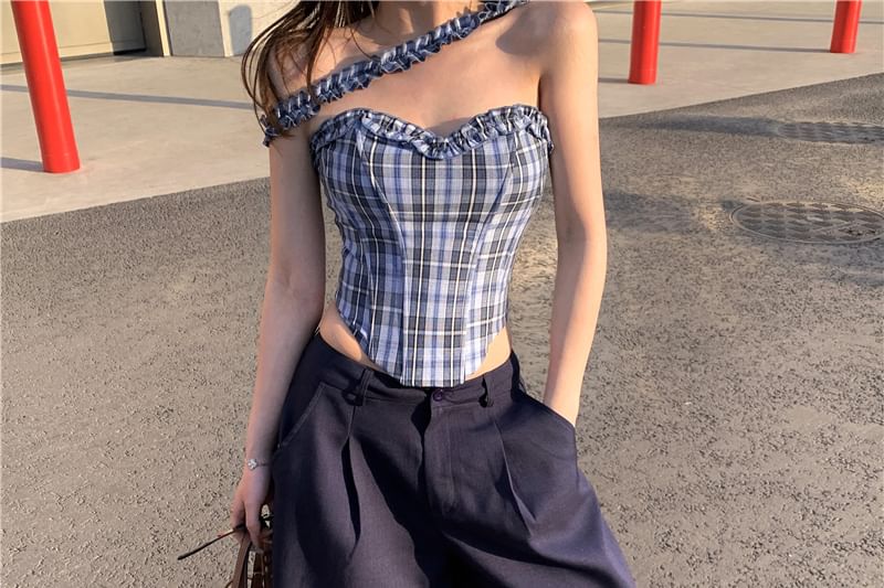 Plaid Frill Tube Bustier Top / Mid Rise Plain Wide Leg Suit Pants