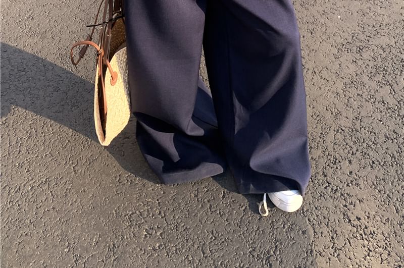 Plaid Frill Tube Bustier Top / Mid Rise Plain Wide Leg Suit Pants