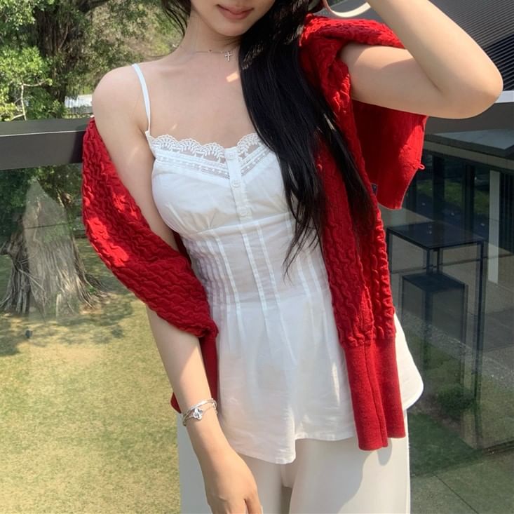 Plain Pintuck Panel Lace Camisole Top / Plain Cardigan