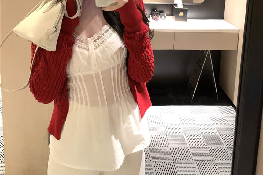 Plain Pintuck Panel Lace Camisole Top / Plain Cardigan
