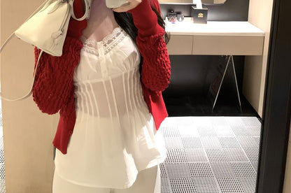 Plain Pintuck Panel Lace Camisole Top / Plain Cardigan
