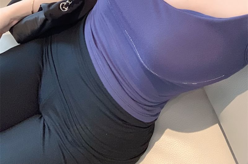 Plain Rhinestone Padded Camisole Top / Mid Rise Plain Flared Pants