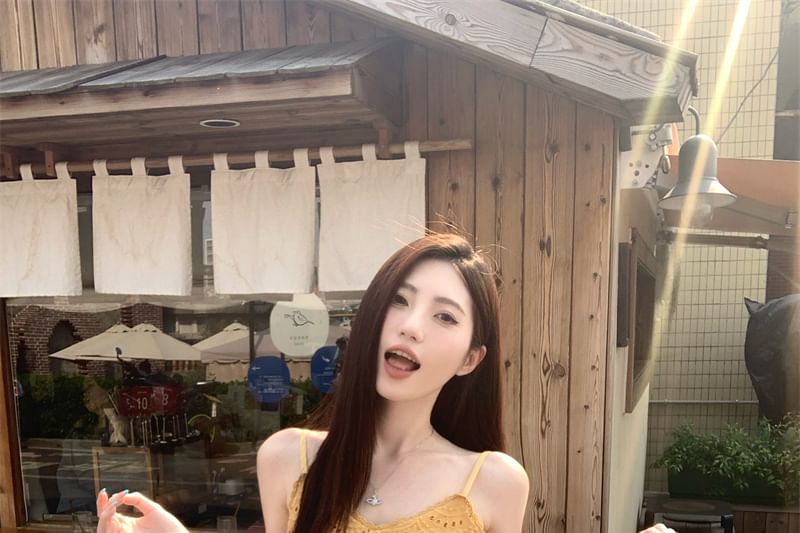 Spaghetti Strap Plain Embroidered Eyelet Mini A-Line Dress