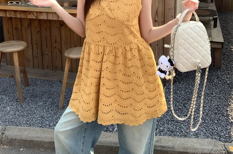 Spaghetti Strap Plain Embroidered Eyelet Mini A-Line Dress