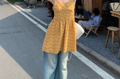 Spaghetti Strap Plain Embroidered Eyelet Mini A-Line Dress