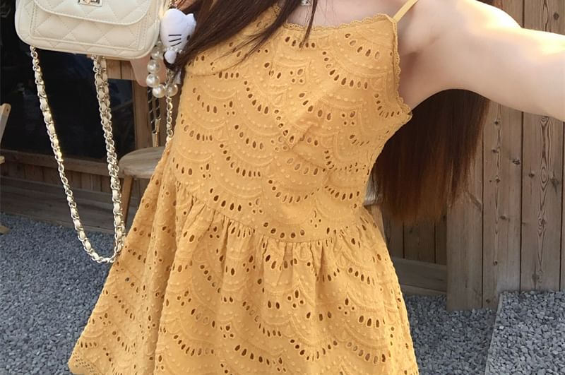 Spaghetti Strap Plain Embroidered Eyelet Mini A-Line Dress