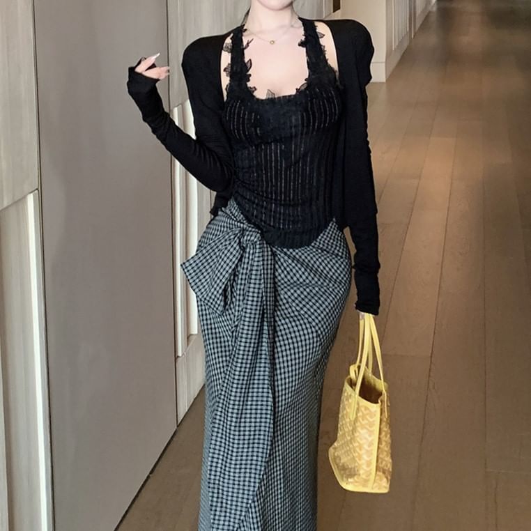 Scoop Neck Pinstriped Panel Lace Tank Top / Plain Cardigan / High Waist Plaid Tie-Up Maxi Pencil Skirt