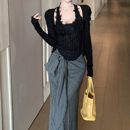 Scoop Neck Pinstriped Panel Lace Tank Top / Plain Cardigan / High Waist Plaid Tie-Up Maxi Pencil Skirt