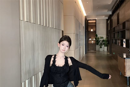 Scoop Neck Pinstriped Panel Lace Tank Top / Plain Cardigan / High Waist Plaid Tie-Up Maxi Pencil Skirt