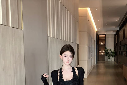 Scoop Neck Pinstriped Panel Lace Tank Top / Plain Cardigan / High Waist Plaid Tie-Up Maxi Pencil Skirt