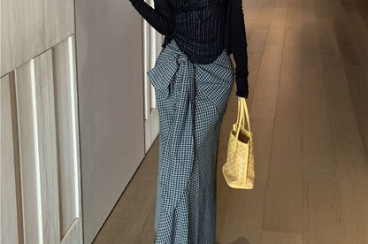 Scoop Neck Pinstriped Panel Lace Tank Top / Plain Cardigan / High Waist Plaid Tie-Up Maxi Pencil Skirt
