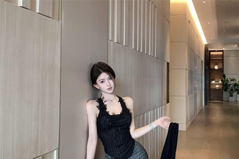 Scoop Neck Pinstriped Panel Lace Tank Top / Plain Cardigan / High Waist Plaid Tie-Up Maxi Pencil Skirt