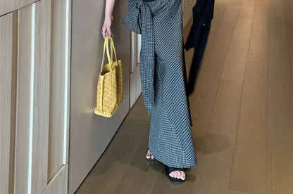 Scoop Neck Pinstriped Panel Lace Tank Top / Plain Cardigan / High Waist Plaid Tie-Up Maxi Pencil Skirt