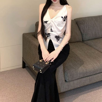 V-Neck Floral Print Slit Cami Top / High Rise Plain Maxi Pencil Skirt