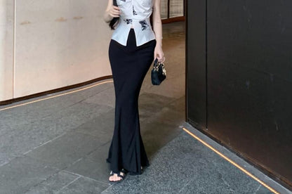 V-Neck Floral Print Slit Cami Top / High Rise Plain Maxi Pencil Skirt