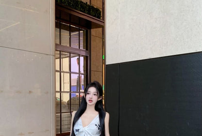 V-Neck Floral Print Slit Cami Top / High Rise Plain Maxi Pencil Skirt