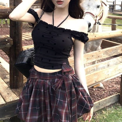 Dotted Frill Cami Top / High Rise Plaid Mini A-Line Balloon Skirt