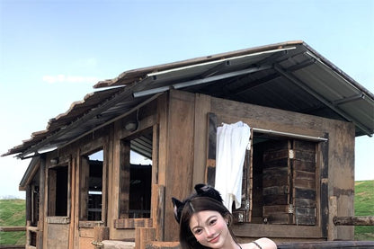 Dotted Frill Cami Top / High Rise Plaid Mini A-Line Balloon Skirt