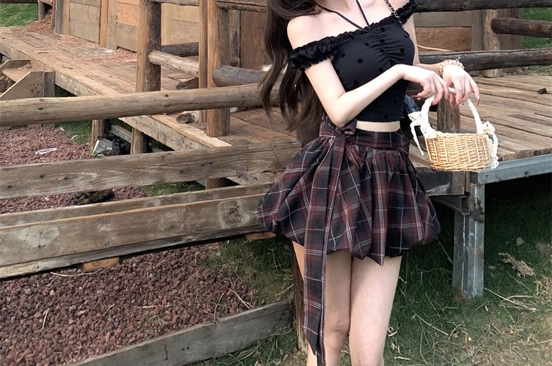Dotted Frill Cami Top / High Rise Plaid Mini A-Line Balloon Skirt