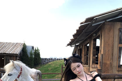 Dotted Frill Cami Top / High Rise Plaid Mini A-Line Balloon Skirt