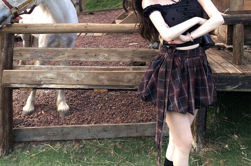 Dotted Frill Cami Top / High Rise Plaid Mini A-Line Balloon Skirt