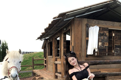 Dotted Frill Cami Top / High Rise Plaid Mini A-Line Balloon Skirt