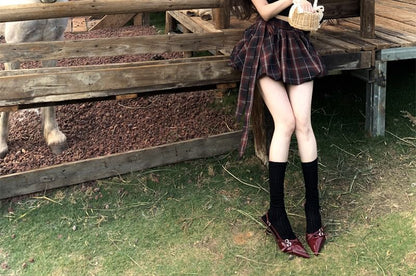 Dotted Frill Cami Top / High Rise Plaid Mini A-Line Balloon Skirt