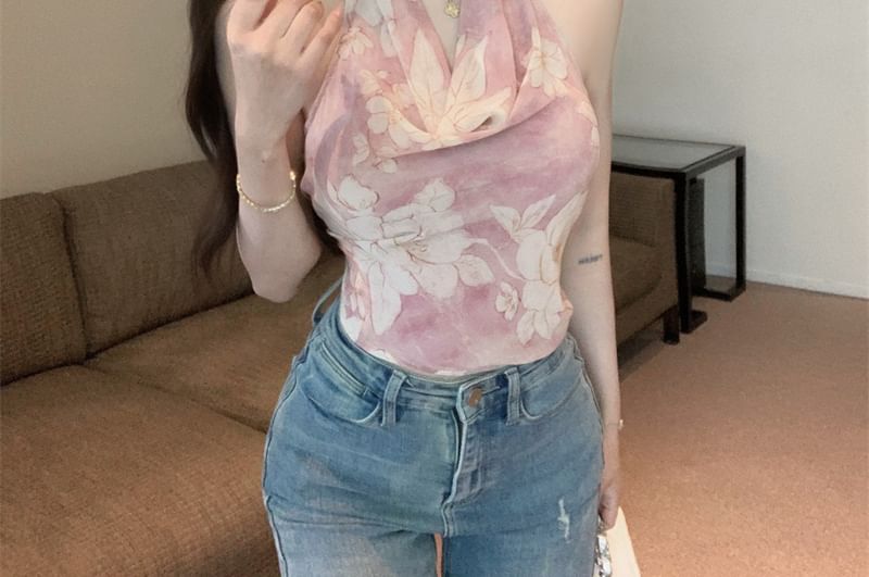 Halter Cowl Neck Floral Print Top