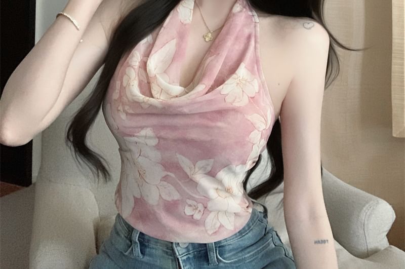 Halter Cowl Neck Floral Print Top
