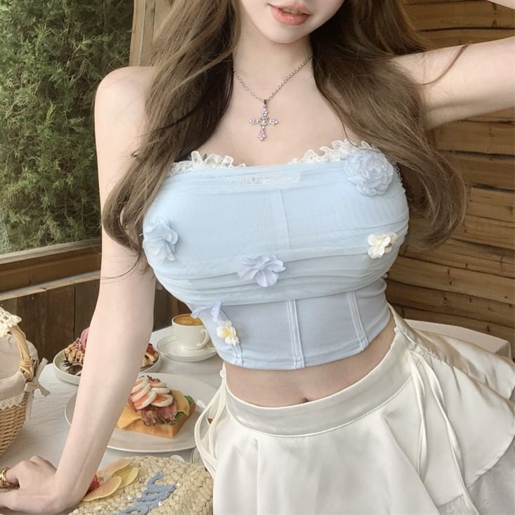 Floral Applique Ruched Lace Trim Panel Mesh Crop Tube Top