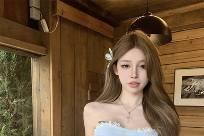 Floral Applique Ruched Lace Trim Panel Mesh Crop Tube Top